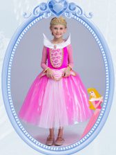 Ideal Hot Pink Ball Gowns Tulle Scoop Long Sleeves Beading Tea Length Side Zipper Toddler Flower Girl Dress