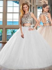 Edgy Scoop White Cap Sleeves Tulle Backless Vestidos de Quinceanera for Military Ball and Sweet 16 and Quinceanera