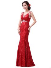  Red V-neck Neckline Sequins Prom Party Dress Sleeveless Zipper