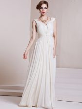  Chiffon V-neck Cap Sleeves Backless Beading and Ruching Homecoming Dress in White