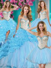 Four Piece Baby Blue 15th Birthday Dress Military Ball and Sweet 16 and Quinceanera with Beading and Ruffles Sweetheart Sleeveless Brush Train Lace Up