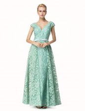 Admirable Lace Cap Sleeves Pleated Zipper Prom Party Dress