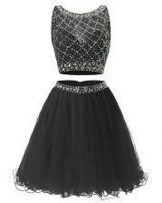  Black Sleeveless Beading and Belt Mini Length Dress for Prom