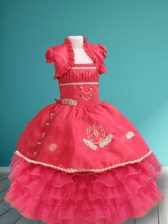  Ruffled Spaghetti Straps Sleeveless Lace Up Flower Girl Dresses for Less Coral Red Organza and Taffeta
