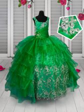  Floor Length Green Little Girl Pageant Dress Organza Sleeveless Appliques and Ruffled Layers