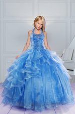  Halter Top Sleeveless Organza Floor Length Lace Up Little Girl Pageant Dress in Baby Blue with Beading and Ruffles