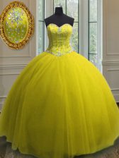 Decent Tulle Sweetheart Sleeveless Lace Up Beading and Sequins 15th Birthday Dress in Yellow