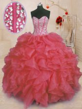 Sumptuous Coral Red Sleeveless Beading and Ruffles Floor Length Quince Ball Gowns