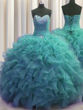  Beaded Bust Sleeveless Organza Floor Length Lace Up Quinceanera Dress in Turquoise with Beading and Ruffles