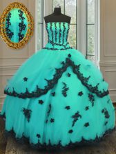 Free and Easy Sleeveless Floor Length Appliques Lace Up Quinceanera Gowns with Turquoise
