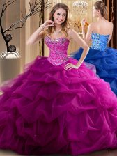 Glorious Tulle Sweetheart Sleeveless Lace Up Beading and Ruffles Quinceanera Dresses in Fuchsia