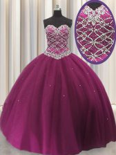  Floor Length Lace Up Sweet 16 Dress Fuchsia for Military Ball and Sweet 16 and Quinceanera with Beading and Sequins