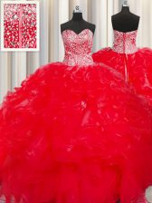Hot Sale Visible Boning Beaded Bodice Red Quinceanera Dress Military Ball and Sweet 16 and Quinceanera with Beading and Ruffles Sweetheart Sleeveless Lace Up