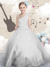  Silver Asymmetric Lace Up Beading and Appliques and Hand Made Flower Party Dresses Sleeveless