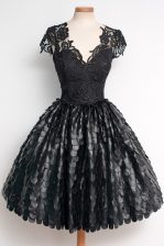  Black Lace Zipper Prom Evening Gown Cap Sleeves Knee Length Lace