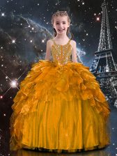 Classical Floor Length Orange Little Girls Pageant Gowns Spaghetti Straps Sleeveless Lace Up