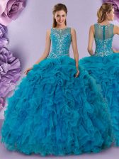 Captivating Scoop Floor Length Zipper Quinceanera Dresses Teal for Military Ball and Sweet 16 and Quinceanera with Beading and Ruffles