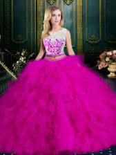 Top Selling Scoop Fuchsia Zipper Ball Gown Prom Dress Lace and Ruffles Sleeveless Floor Length
