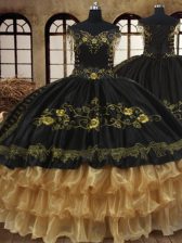 Most Popular Ruffled Ball Gowns Quince Ball Gowns Black Off The Shoulder Organza and Taffeta Sleeveless Floor Length Lace Up
