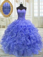  Blue Organza Lace Up Sweetheart Sleeveless Floor Length Ball Gown Prom Dress Beading and Ruffles