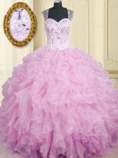 Charming Sleeveless Organza Floor Length Zipper 15 Quinceanera Dress in Lilac with Beading and Ruffles