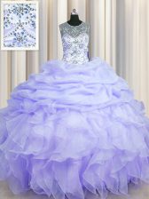  See Through Scoop Organza Sleeveless Floor Length Quince Ball Gowns and Beading and Ruffles and Pick Ups