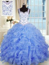 Decent Blue Ball Gowns Organza Sweetheart Sleeveless Beading and Appliques and Ruffles Floor Length Lace Up Sweet 16 Quinceanera Dress