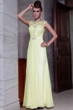 Best Light Yellow Prom Evening Gown Prom and Party with Beading and Hand Made Flower Scoop Cap Sleeves Zipper