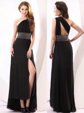 One Shoulder Beading Prom Party Dress Black Backless Sleeveless Floor Length