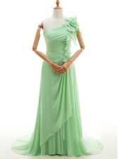  One Shoulder Green Sleeveless With Train Ruffles and Hand Made Flower Lace Up Prom Evening Gown