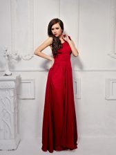  One Shoulder Sleeveless Chiffon Floor Length Side Zipper in Wine Red with Ruching and Hand Made Flower