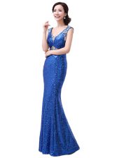  Sequined V-neck Sleeveless Zipper Sequins Prom Party Dress in Royal Blue