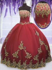 Modern Floor Length Coral Red Quinceanera Gowns Tulle Sleeveless Appliques
