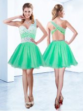 Shining Turquoise A-line One Shoulder Sleeveless Tulle Knee Length Criss Cross Beading 