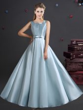  Straps Floor Length Zipper Quinceanera Dama Dress Light Blue for Prom and Party and Wedding Party with Bowknot