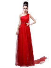 Beautiful Chiffon One Shoulder Sleeveless Side Zipper Sashes ribbons and Belt Evening Dress in Coral Red