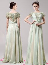 Luxurious Scoop Short Sleeves Floor Length Zipper Evening Dress Apple Green for Prom with Appliques