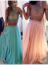 Superior Halter Top Floor Length Zipper Prom Evening Gown Blue for Prom and Party with Beading