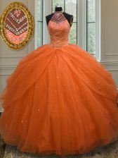 Cheap Halter Top Sleeveless Floor Length Beading Lace Up Quinceanera Gown with Orange Red