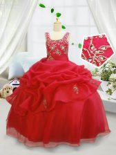 Enchanting Pick Ups Coral Red Sleeveless Organza Lace Up Little Girls Pageant Gowns for Party and Wedding Party