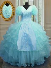 Nice Blue Zipper V-neck Embroidery and Ruffled Layers Quinceanera Dress Organza Long Sleeves
