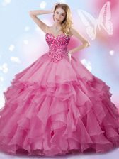  Rose Pink Lace Up Sweetheart Beading Quince Ball Gowns Organza Sleeveless