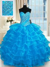 Luxury Beading and Ruffled Layers Quince Ball Gowns Blue Lace Up Sleeveless Floor Length