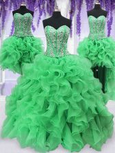 Beauteous Four Piece Green Ball Gowns Organza Sweetheart Sleeveless Beading and Ruffles Floor Length Lace Up Sweet 16 Quinceanera Dress