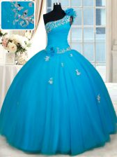  One Shoulder Baby Blue Sleeveless Tulle Zipper 15th Birthday Dress for Military Ball and Sweet 16 and Quinceanera