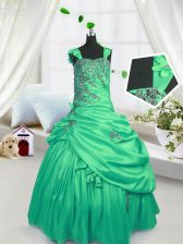 Superior Green Satin Lace Up Straps Sleeveless Floor Length Party Dress for Girls Beading and Pick Ups
