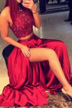 Luxurious Red Satin Backless Halter Top Sleeveless Floor Length Prom Dresses Beading