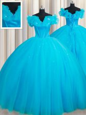 Fantastic Off the Shoulder Sleeveless Court Train Lace Up Hand Made Flower Ball Gown Prom Dress