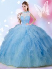 Charming Baby Blue Quinceanera Dresses Military Ball and Sweet 16 and Quinceanera with Beading and Ruffles High-neck Sleeveless Lace Up