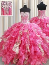  Hot Pink Quinceanera Gown Military Ball and Sweet 16 and Quinceanera with Beading and Ruffles and Sequins Sweetheart Sleeveless Lace Up